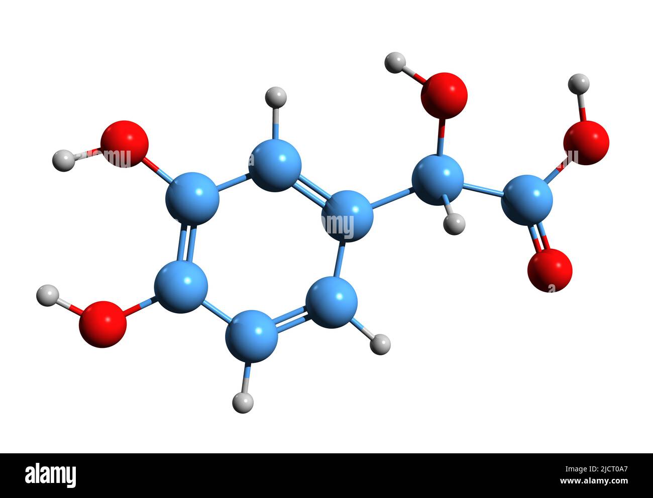 3D Bild der Skelettformel der 3,4-Dihydroxymandelsäure - molekularchemische Struktur von DOMA auf weißem Hintergrund isoliert Stockfoto