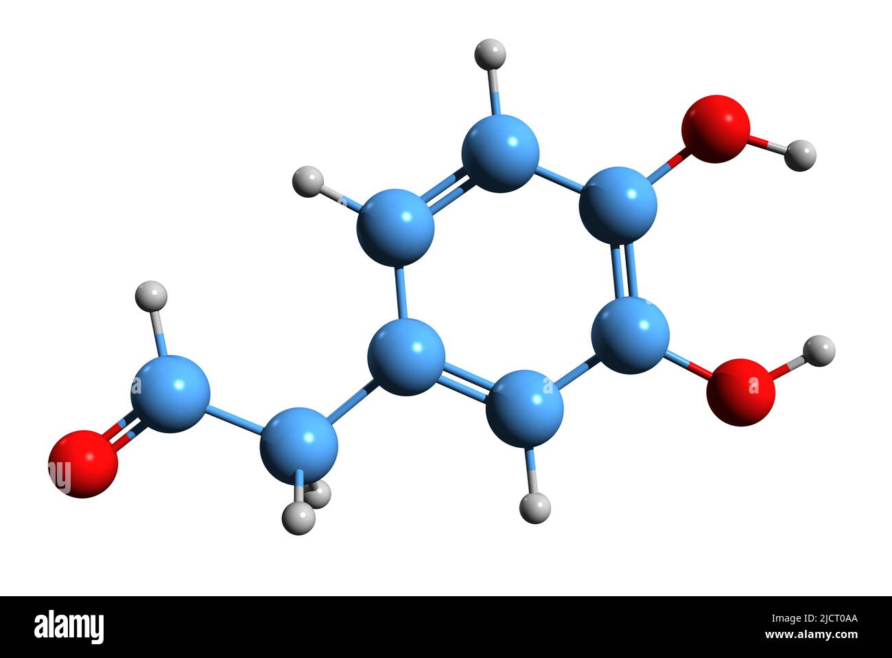 3D Bild der Skelettformel 3,4-Dihydroxyphenylacetaldehyd - molekularchemische Struktur von Dopaldehyd isoliert auf weißem Hintergrund Stockfoto
