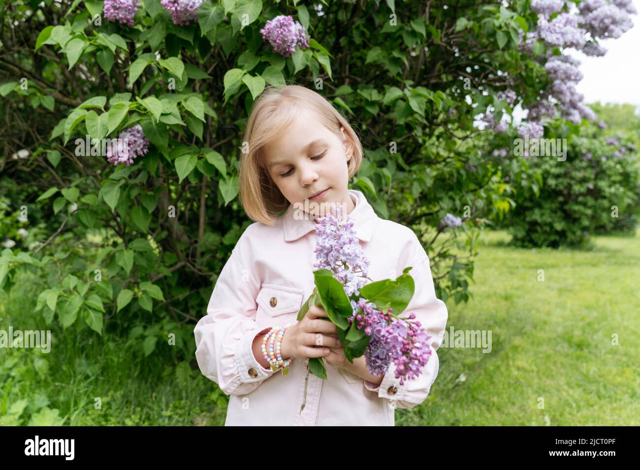 Porträt eines Mädchens in einem Park mit Flieder. Stockfoto