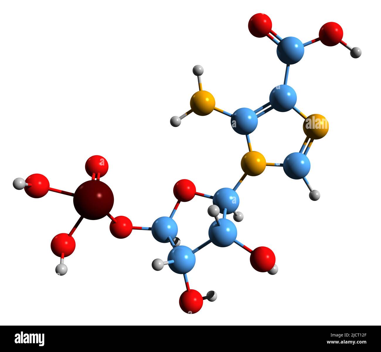 3D Aufnahme der Skelettformel 5-phibosyl-4-carboxy-5-Aminoimidazol - molekularchemische Struktur von CAIR isoliert auf weißem Hintergrund Stockfoto