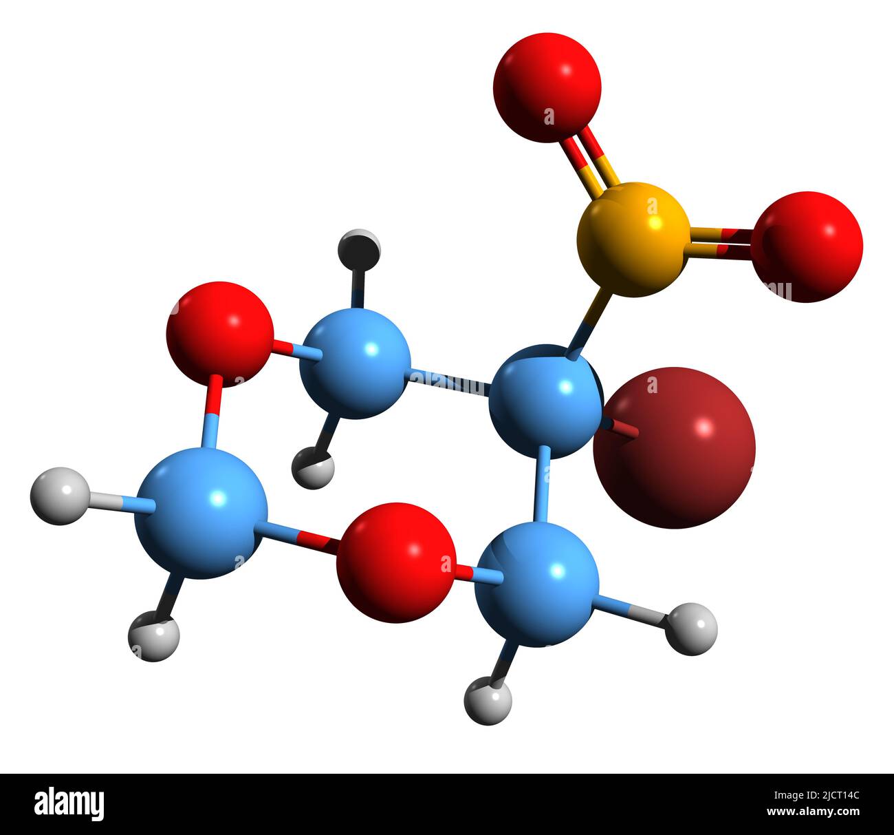 3D Aufnahme der Skelettformel 5-Brom-5-Nitro-1,3-Dioxan - molekulare chemische Struktur von Bronidox auf weißem Hintergrund isoliert Stockfoto