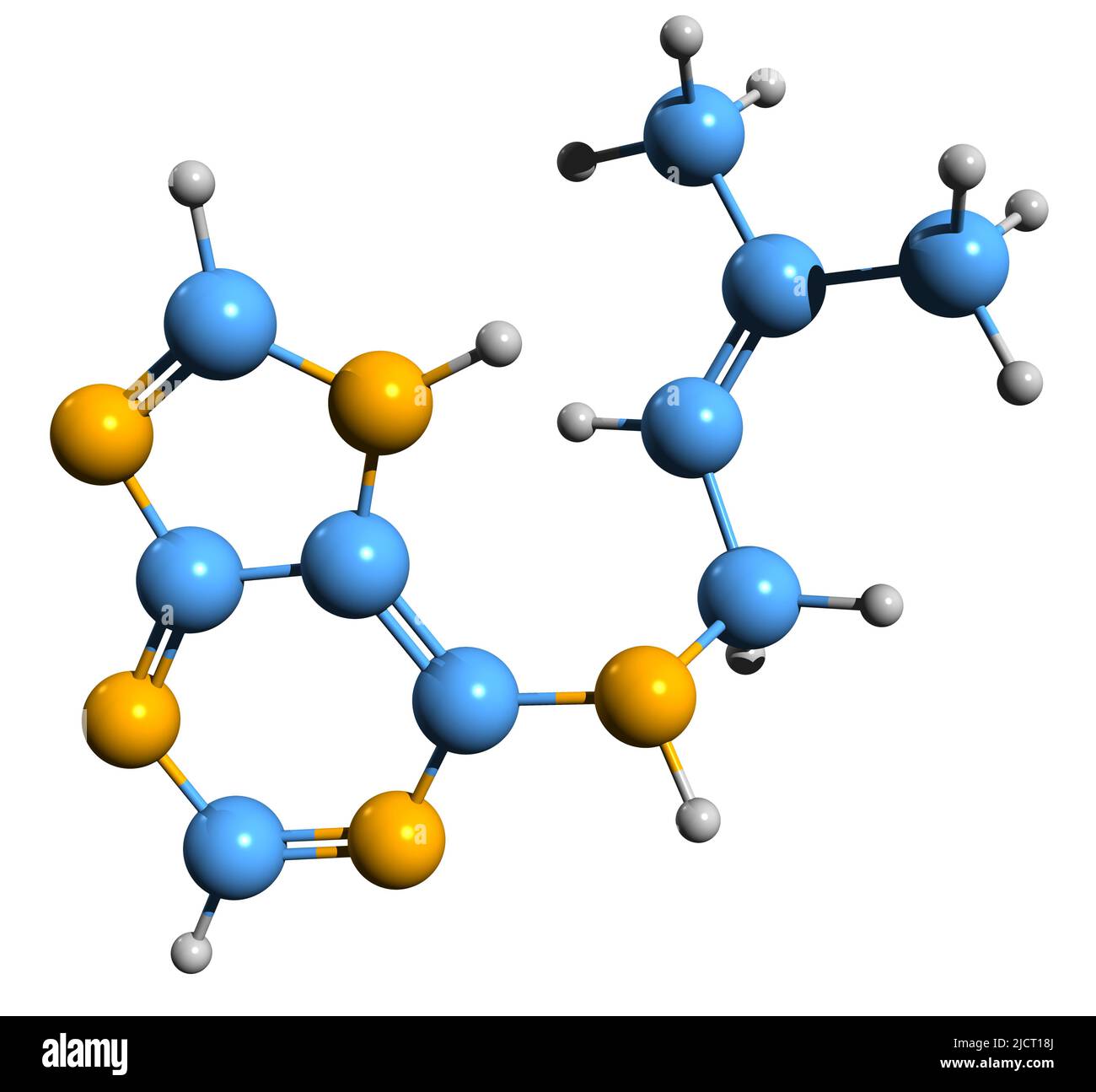 3D Aufnahme der Skelettformel des 6-isopentenyl-Aminopurins - molekularchemische Struktur von Cytokinin isoliert auf weißem Hintergrund Stockfoto