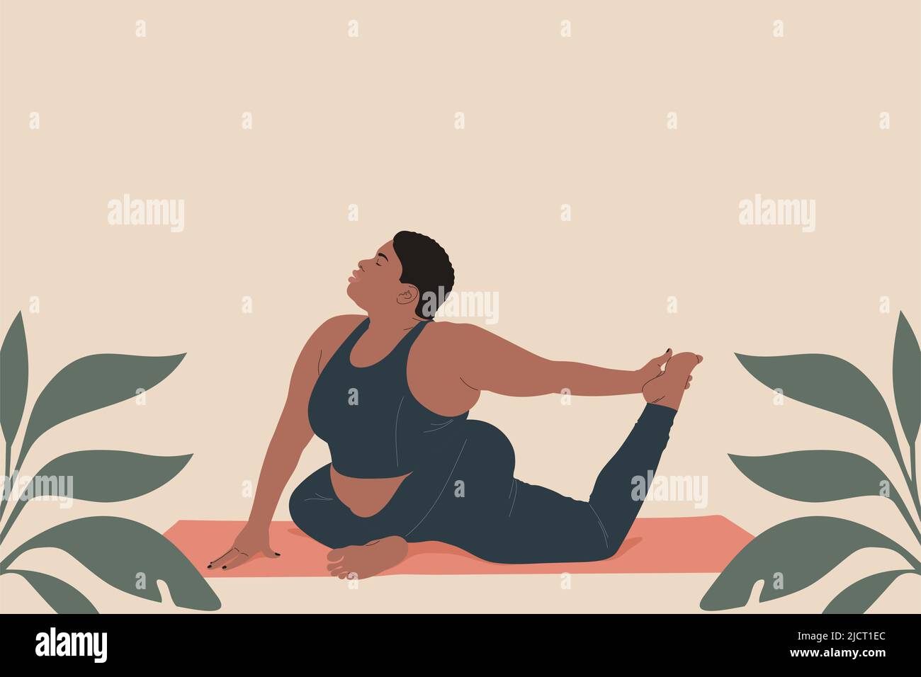 Junge afroamerikanische körperpositive Frau, die eine Übung macht. Taubenhaltung. Pilates, Yoga Vektor Illustration Konzept. Stock Vektor