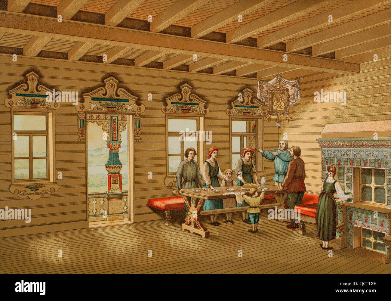 Izba. Traditionelle russische Bauernwohnung, aus Holz gebaut. Der Innenraum einer Izba. Chromolithographie. 'Historia Universal' (Universal History), von César Cantú. Band VII. Veröffentlicht in Barcelona, 1886. Stockfoto