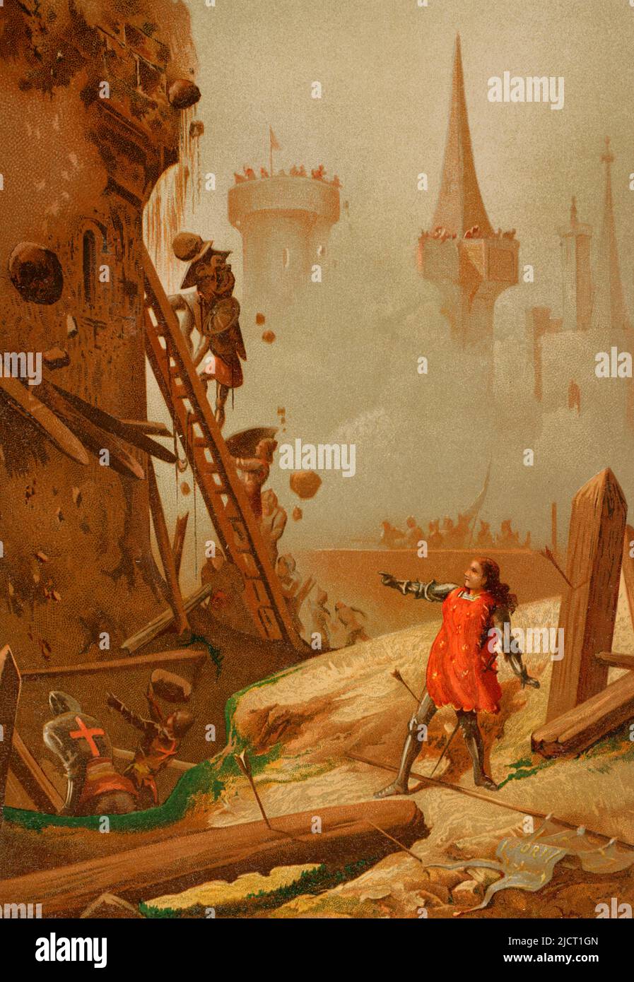 Die heilige Johanna von Arc (1412-1431), die so genannte Jungfrau von Orleans. Französische Heldin. 1909 selig gesprochen und 1920 heiliggesprochen. Chromolithographie. 'Historia Universal' (Universal History), von César Cantú. Band VI. Veröffentlicht in Barcelona, 1885. Stockfoto