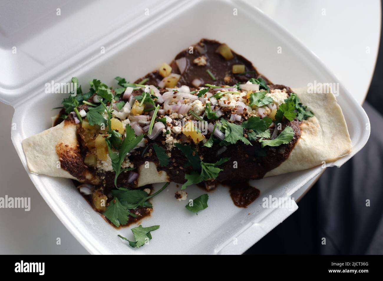 Mexikanische Carnitas enchilada aka Meat enchilada - ein Wrap gefüllt mit Pulled Schweinefleisch, Rise, Bohnen und Gemüse gekrönt mit Gewürzmaulsauce, Gemüse etc. Stockfoto