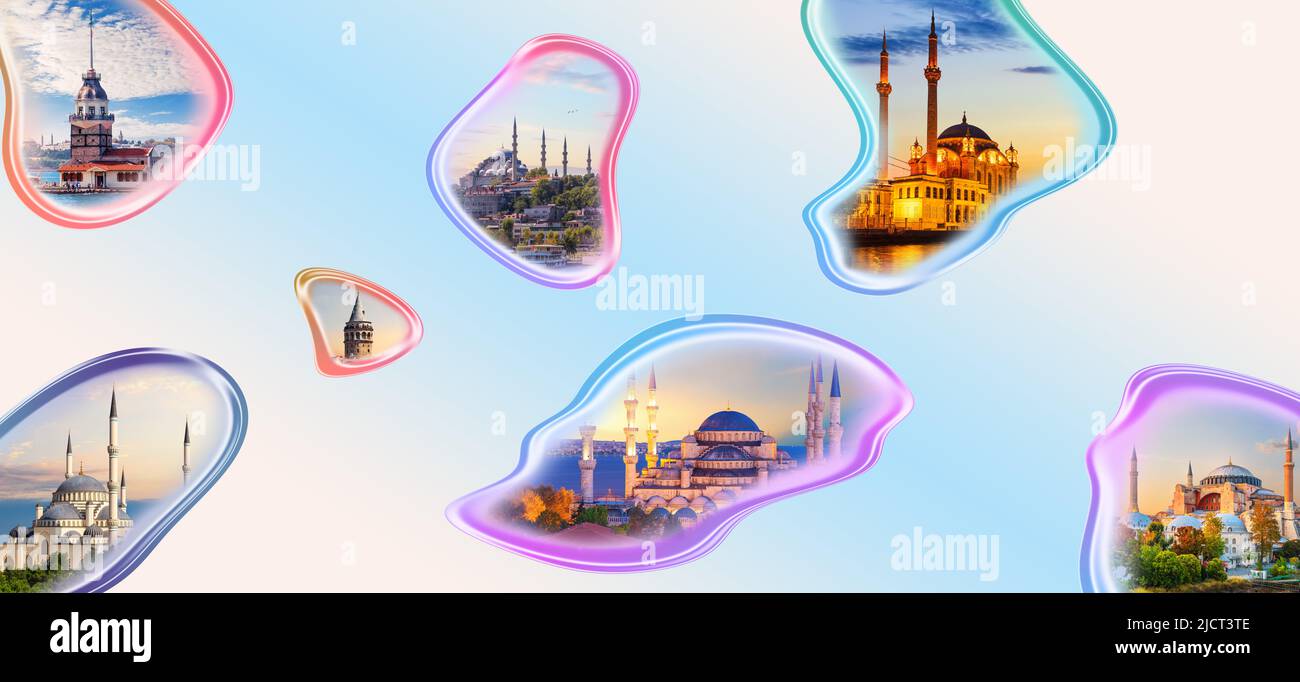 Maiden s und Galata Tower, Suleymaniye, Ortakoy, Hagia Sophia und Blaue Moschee, Bilder in der Collage von Istanbul, Türkei Stockfoto