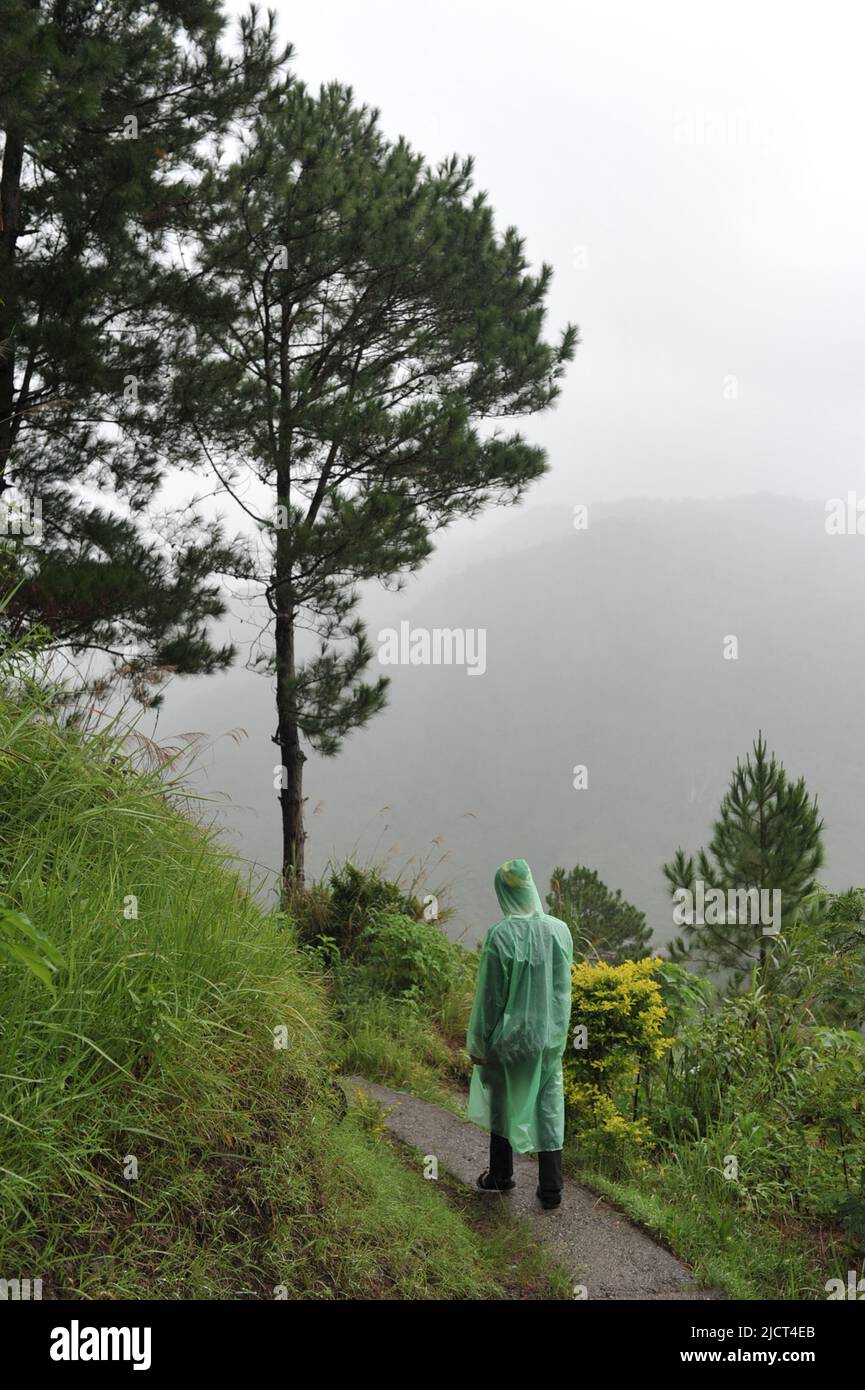 Mountain Province, Philippinen: Lokaler Guide mit grünem Regenmantel führt Touristen auf den Weg zu den Bomod-ok Falls. Nebliger Tag in den Bergen von Sagada. Stockfoto