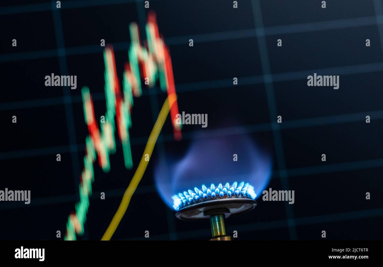 Rottweil, Deutschland. 15.. Juni 2022. Eine bläuliche Flamme aus einem Gasofen wird in einem Büro vor einem Computerbildschirm gesehen, der den Preis für Erdgas als Kerzendiagramm zeigt. Kredit: Silas Stein/dpa/Alamy Live Nachrichten Stockfoto