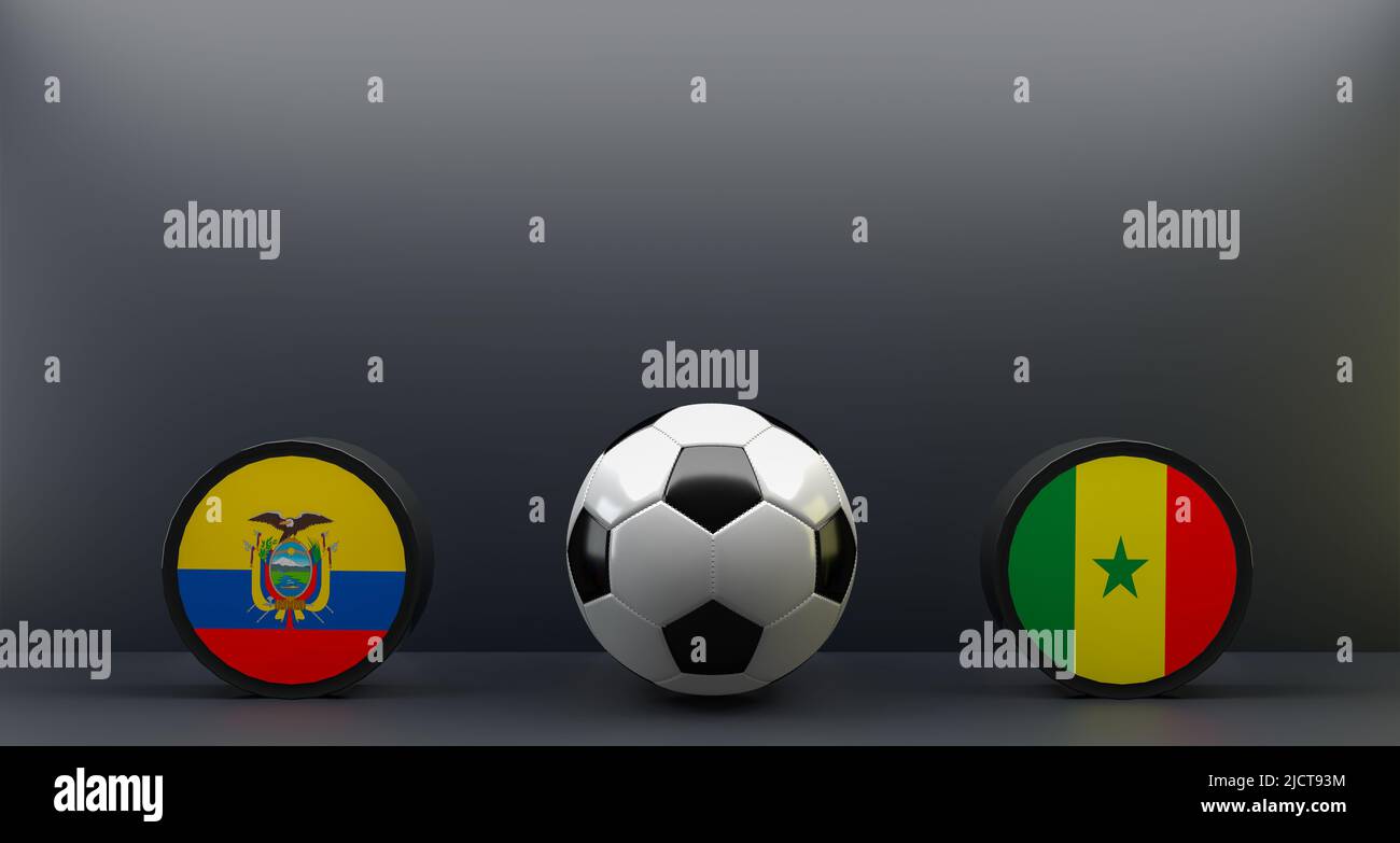 FIFA World Cup 2022 Kamerun gegen Ecuador, Flagge Kamerun und Ecuador, Fußball Kamerun Ecuador, 3D Arbeit und 3D Bild Stockfoto