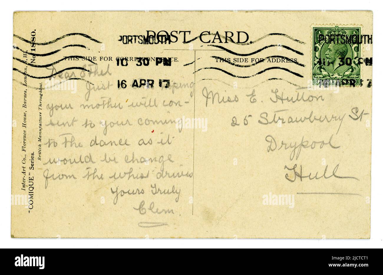 Originalstempel aus der WW1. Ära, Postkartenschrift, grün, King George V 1/2 d (halber Pence/Penny), geächtet.- datiert/gepostet am 16. April 1917 Stockfoto