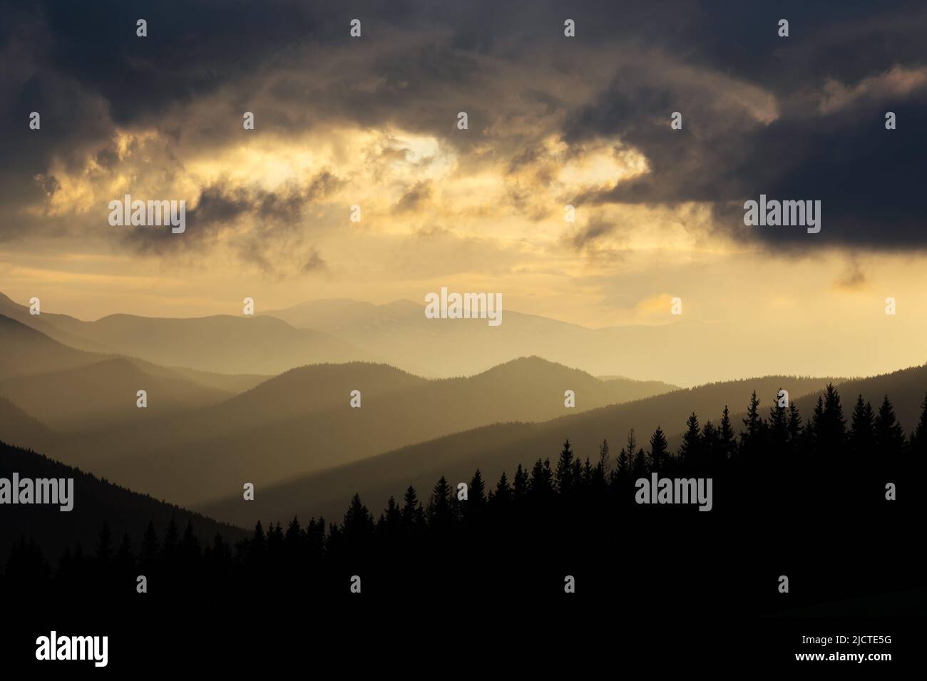 Morgennebel in den Frühlingsbergen. Schöner Sonnenaufgang im Hintergrund. Landschaftsfotografie Stockfoto