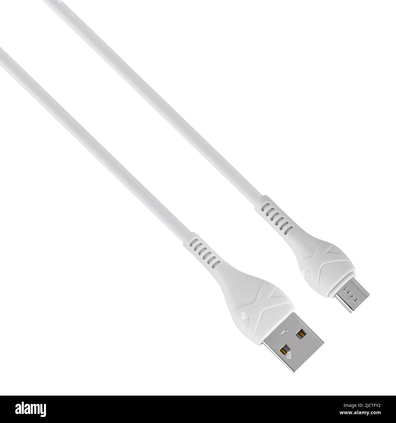 Steckverbinder, USB, Micro-USB mit Kabel isoliert auf weißem Hintergrund Stockfoto