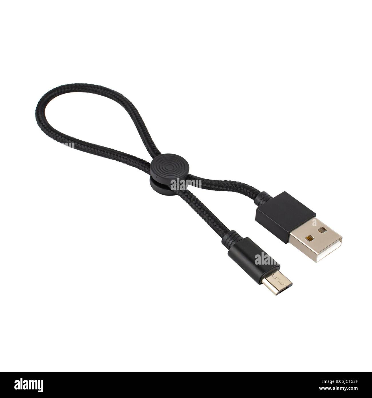 Steckverbinder mit Kabel, USB, Micro-USB, schwarz isoliert auf weißem Hintergrund Stockfoto