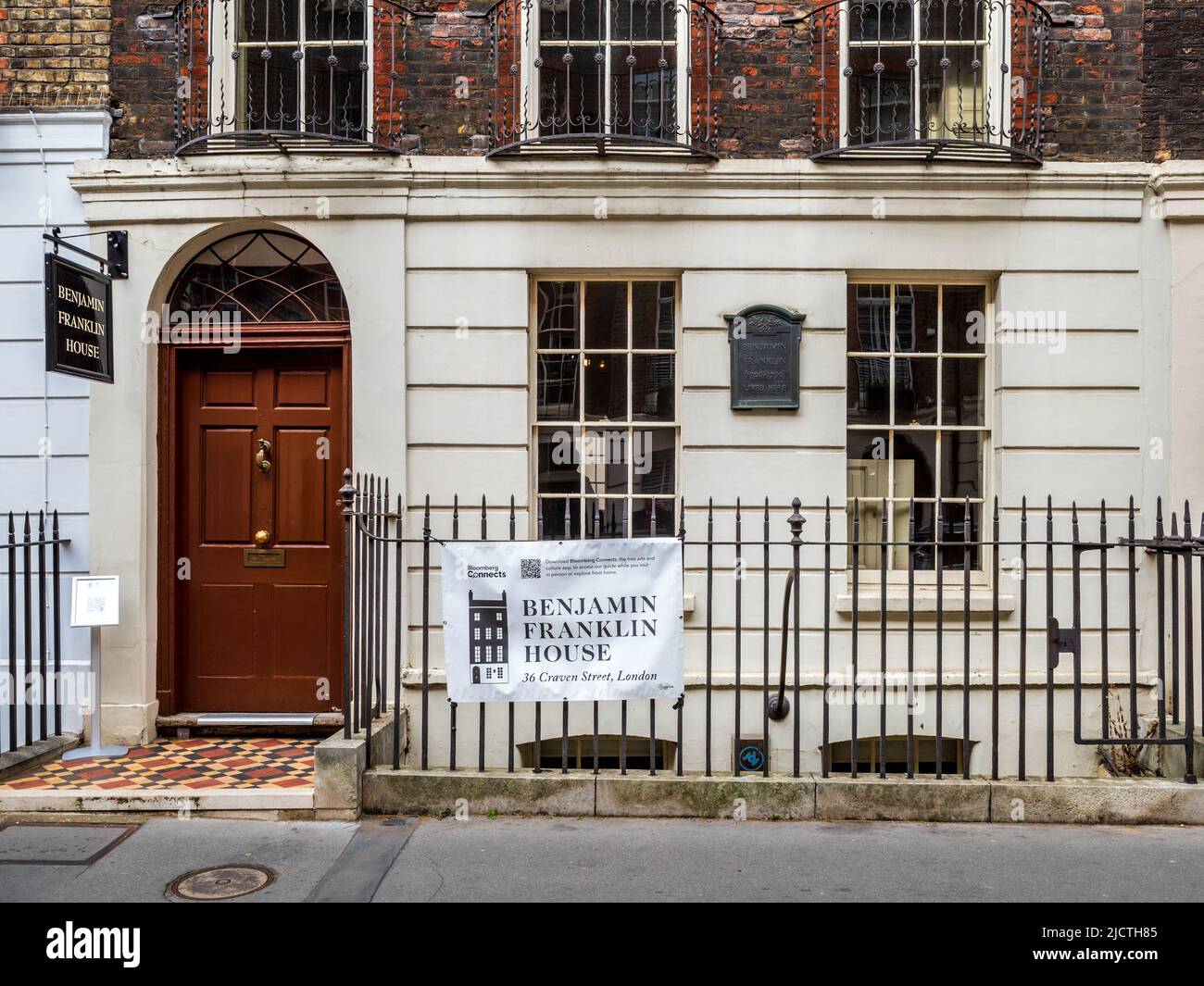 Benjamin Franklin House London. Museum in einem denkmalgeschützten georgianischen Reihenhaus in der 36 Craven Street, London. Franklin lebte hier von 1757 bis 1775. Stockfoto