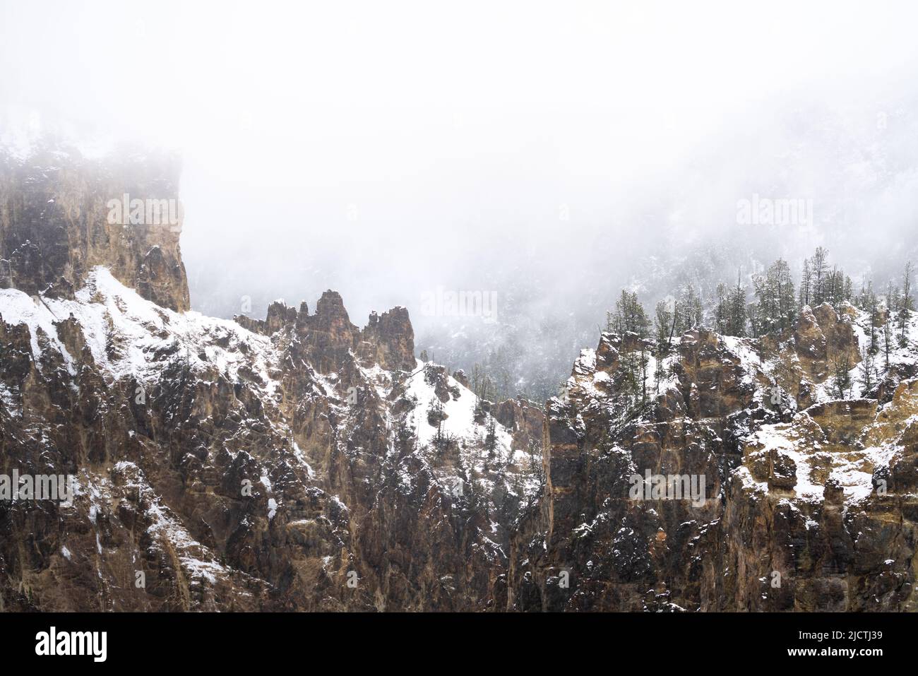Der Grand Canyon of Yellowstone im Yellowstone-Nationalpark, Wyoming, ist während eines Schneesturms im Frühling aus nächster Nähe zu sehen. Stockfoto