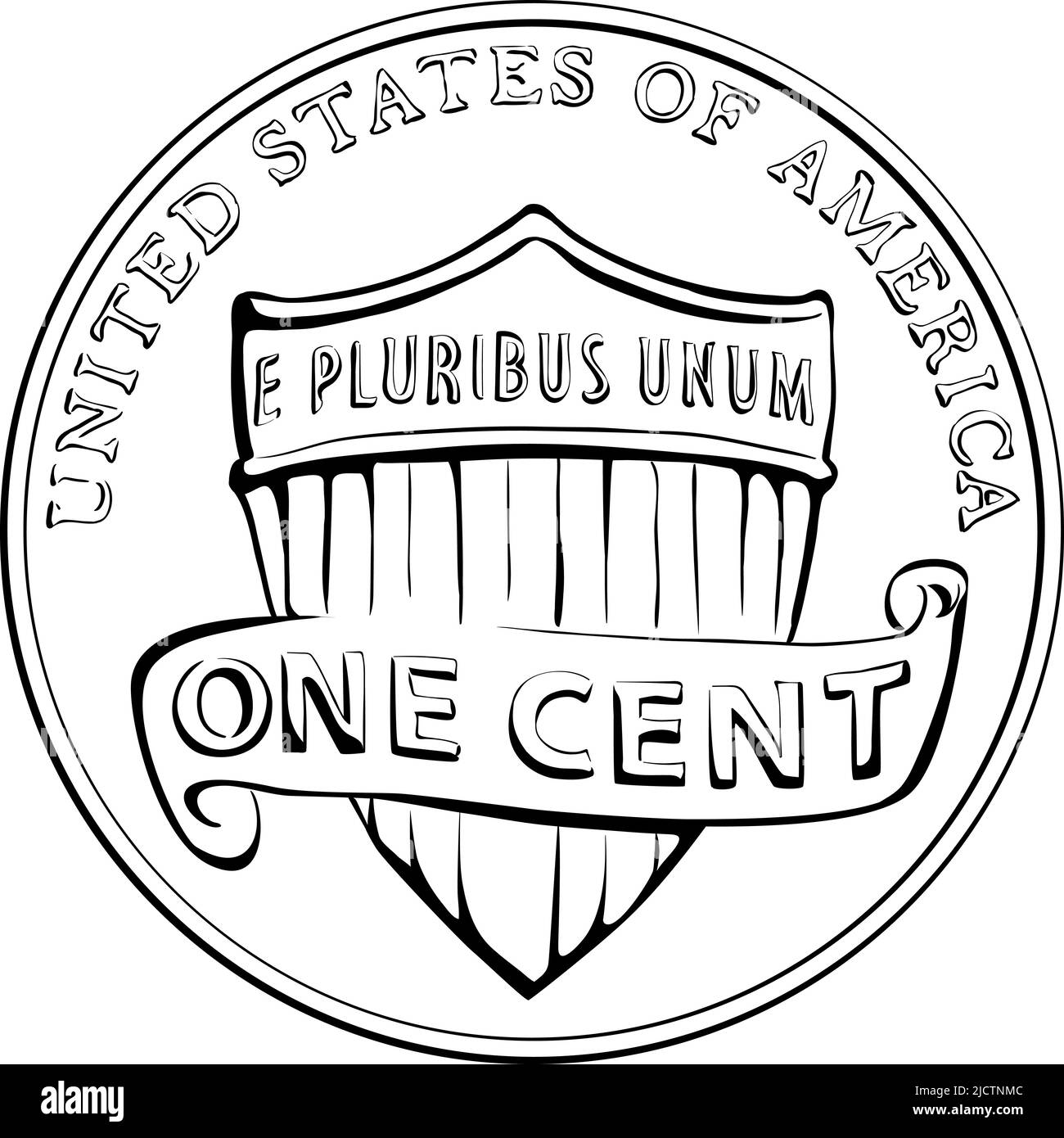 American Money Lincoln Union Shield, USA ein Cent oder Penny, Münze mit Union Schild auf der Rückseite, schwarz-weiß Stock Vektor
