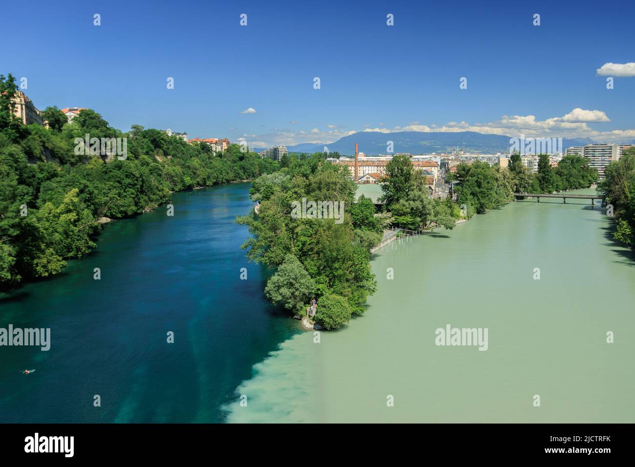 Pointe de la Jonction in Genf, Schweiz - der Punkt, an dem sich die Flüsse Rhône und Arve treffen. Stockfoto