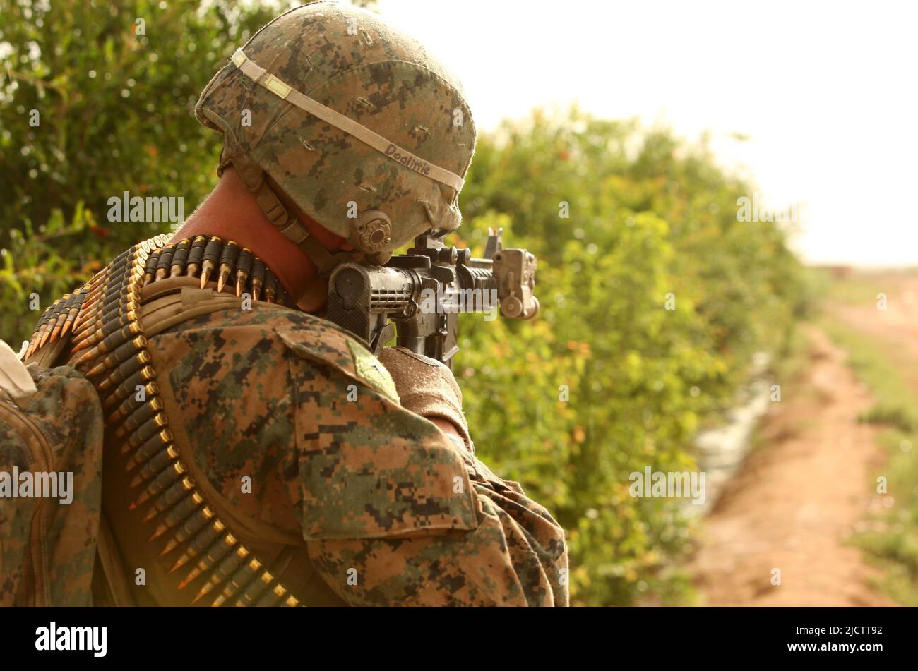 U.S. Marine mit dem kombinierten Anti-Rüstung-Team (CAAT), Weapons Company, 2D Bataillon, 9. Marinesoldaten, Regimental Combat Team 5, schaut durch sein Gewehr CO Stockfoto