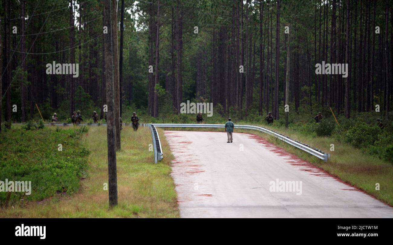US-Marineinfanteristen mit 1. Bataillons, 8. Marine Regiment (1/8), 2D Marine Division, patrouillieren während ihres Deployment Forward Training (DFT) an Bord von Camp Leje Stockfoto