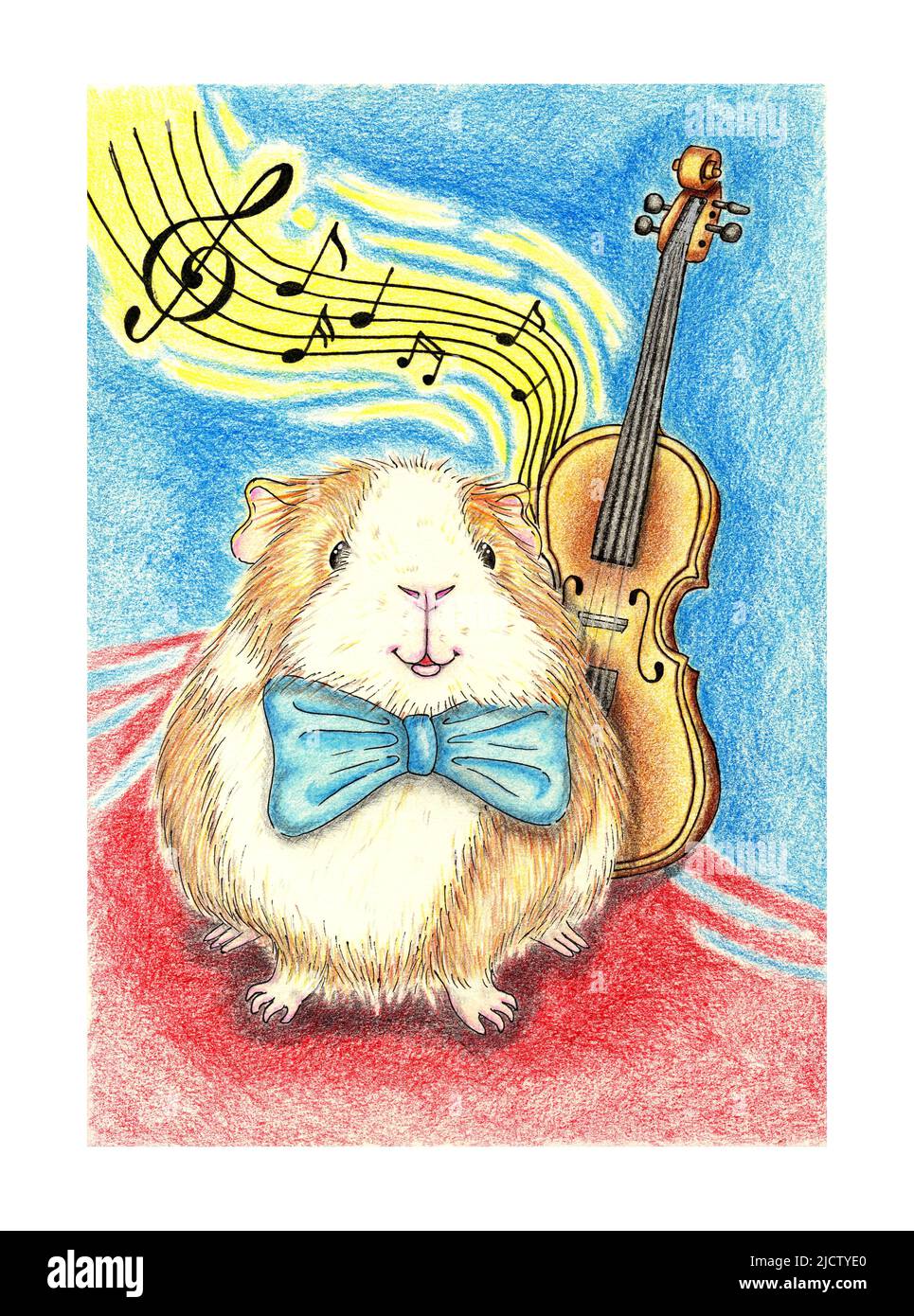Lustiger Meerschweinchenmusiker mit Quietschen wird mit Buntstiften gezeichnet. Er eignet sich perfekt für Postkarten, Poster, Banner, Einladungen, Grußkarten, Prin Stockfoto