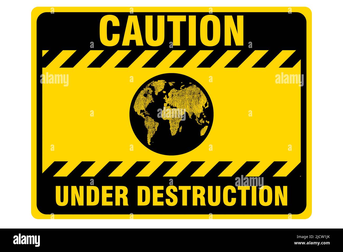 Vorsicht Welt unter Zerstörung Warnschild, Klimawandel und Umweltkrisenkonzept Stockfoto
