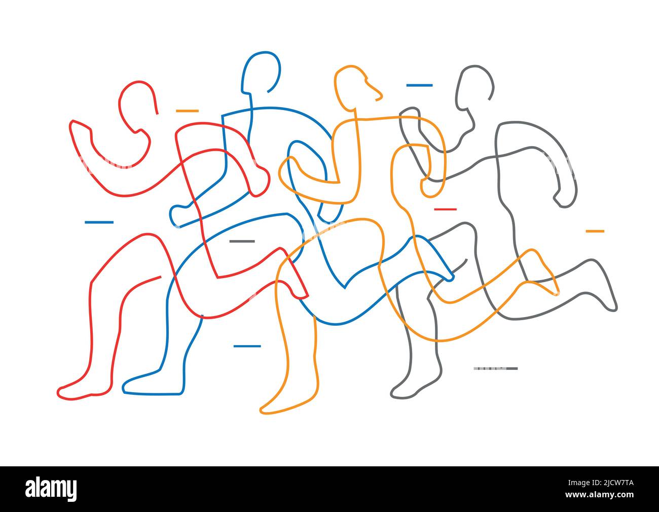 Laufrennen, Joggen, Linienkunst stilisiert. Abbildung der Gruppe der Lauffahrer. Design der kontinuierlichen Linienzeichnung. Isoliert auf weißem Hintergrund. Stock Vektor
