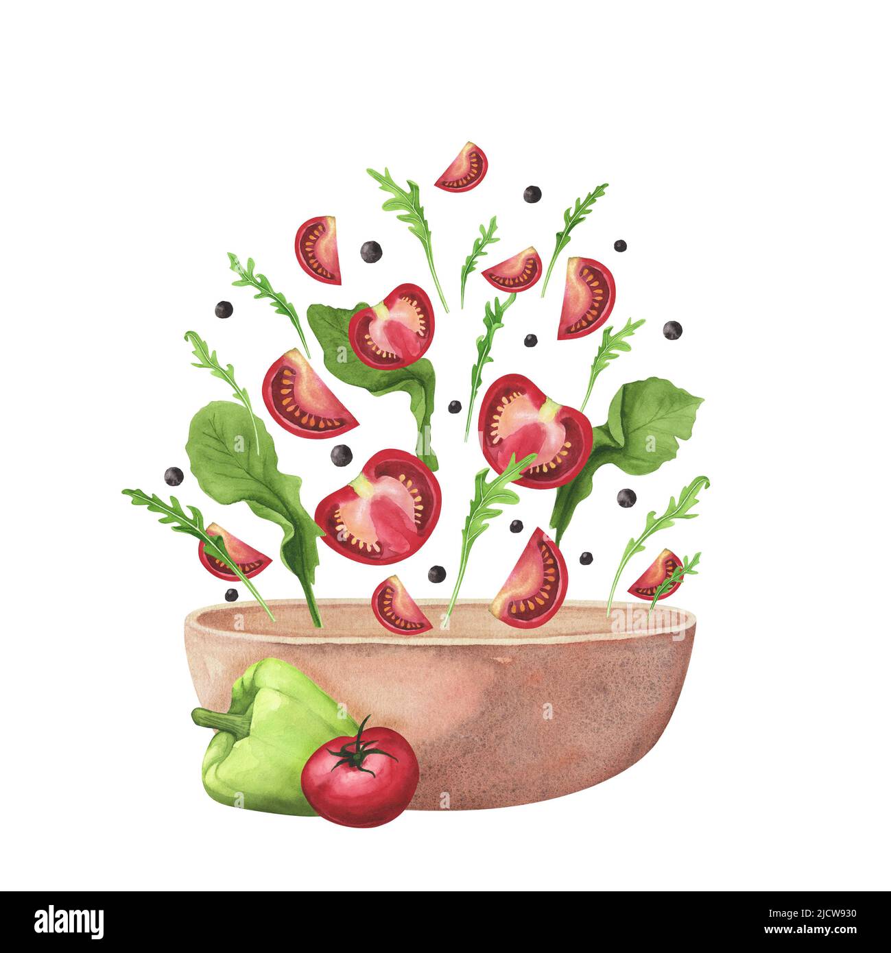Frischen Spritzer Sommer Gemüsesalat Rucola, Tomaten, Brunnenkresse Rucola, Tomaten, Brunnenkresse, In roter Keramik-Schüssel Topf auf weißem Hintergrund. Watercol Stockfoto