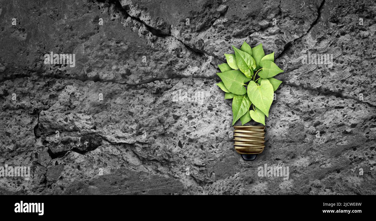 Ideeninspiration als kreatives Umweltkonzept wie ein Baumkastel, geformt wie eine Glühbirne oder Glühbirne, die aus einem Zementriss wächst. Stockfoto