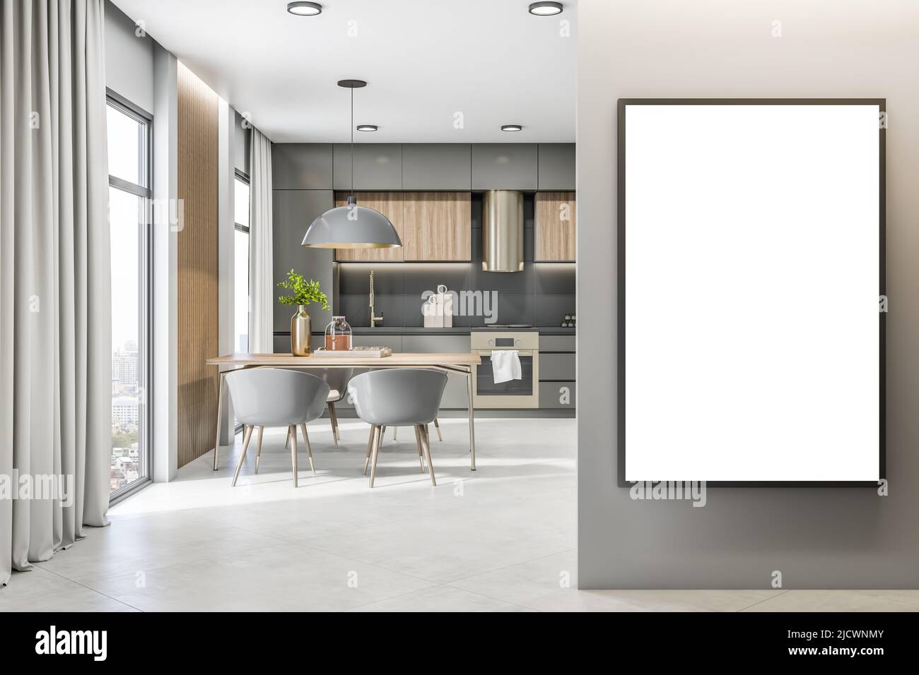 Vorderansicht auf weißem blanken Poster in schwarzem Rahmen an grauer Wand in sonniger Küche mit Holztisch und grauen Möbeln, Betonboden und Blick auf die Stadt Stockfoto
