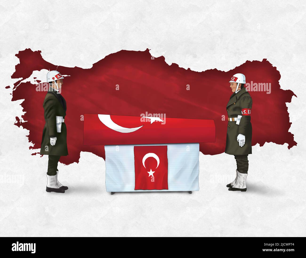 Soldaten stehen bei der Beerdigung der Märtyrer. Soldaten warten am Sarg. Beerdigung des