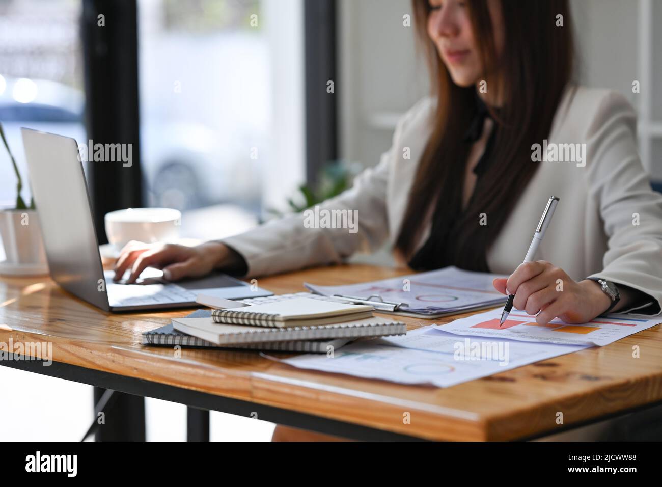 Geschäftsfrau mit Laptop-Computer und Überprüfung der finanziellen Dokument. Stockfoto