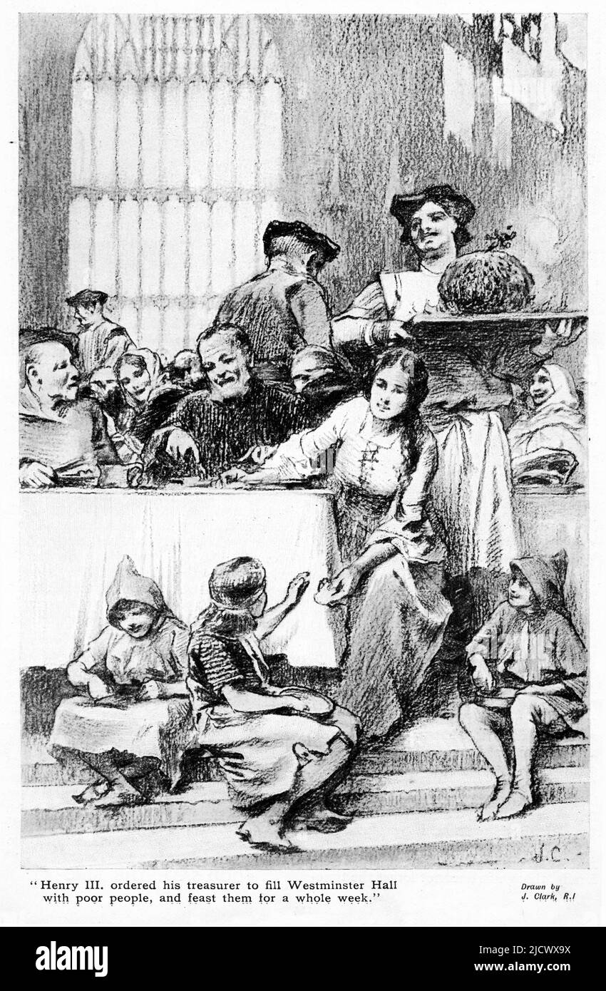 Illustration der armen Menschen in England genießen die Großzügigkeit von Henry III.. Köchermagazin um 1913. Stockfoto