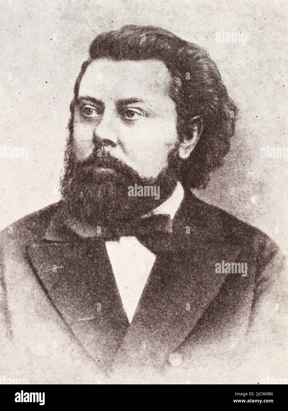 Foto-Porträt von Modest Mussorgsky. Modest Petrowitsch Mussorgsky (1839 – 1881) war ein russischer Komponist, einer der Gruppe, die als "die fünf" bekannt war. Er war ein Erneuerer der russischen Musik in der Romantik. Er strebte nach einer einzigartigen russischen musikalischen Identität, oft unter Missachtung der etablierten Konventionen der westlichen Musik. Stockfoto