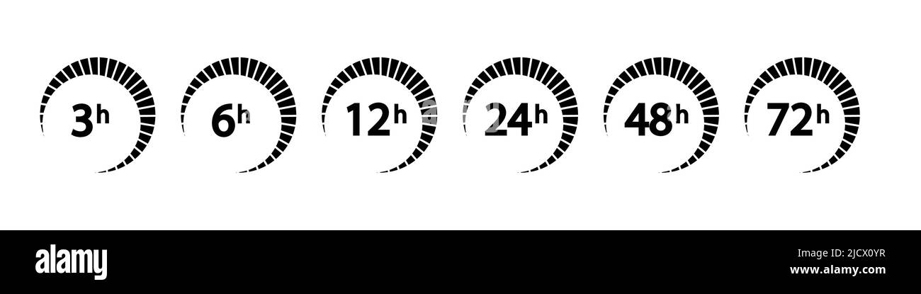 Uhrpfeil 1, 3, 6, 9, 12, 16, 24, 48 72 Stunden Symbole für die Lieferdienstzeit Stock Vektor