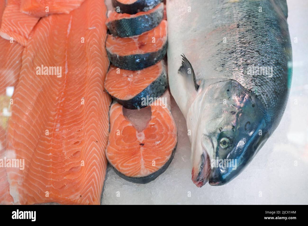 DEUTSCHLAND, Hamburg, Wochenmarkt, Frischfischverkauf, Zuchtlachs aus Aquakultur aus Norwegen oder Färöer-Inseln / DEUTSCHLAND, Hamburg, Wochenmarkt Altona, Verkauf frischer Fisch, Lachs aus Aquakultur Zucht von Färöer Inseln, Norwegen etc Stockfoto