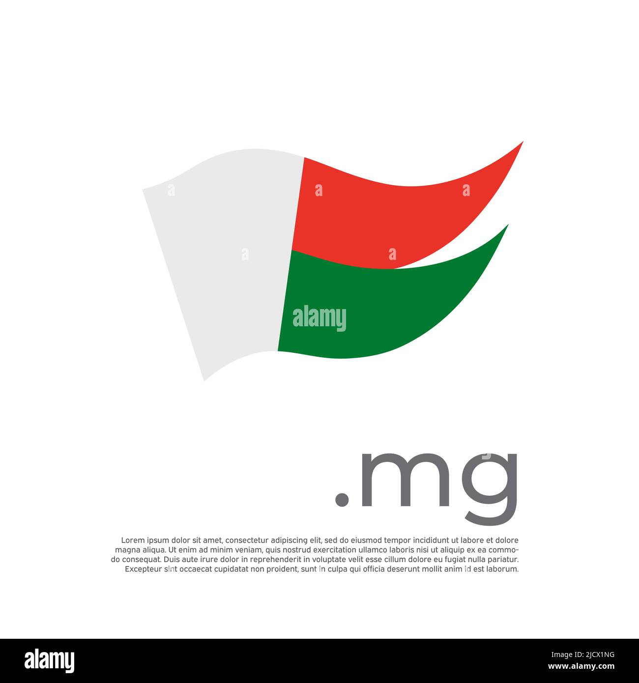 Madagaskar-Flagge. Streifenfarben der madagaskar-Flagge auf weißem Hintergrund. Vektor-Design nationales Poster mit mg-Domain, Platz für Text. Bürste Stock Vektor