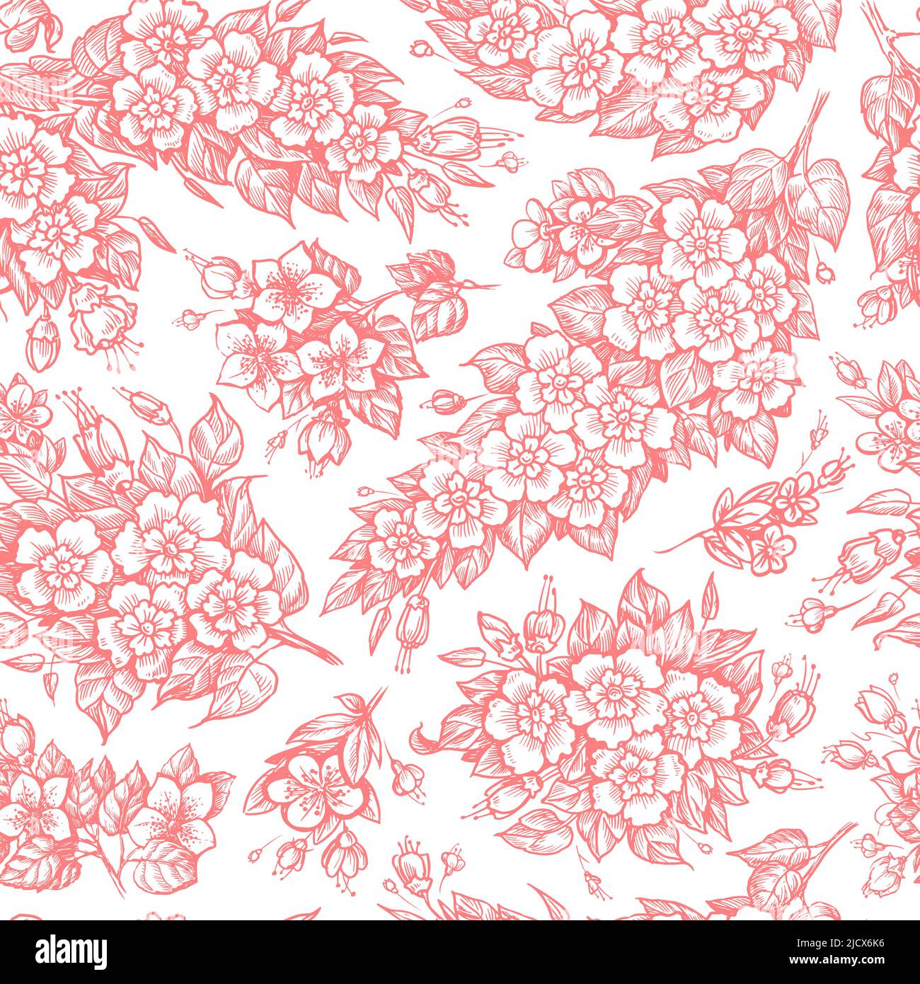 Blumenmuster im Vintage-Gravurstil gezeichnet. Zweige mit Blumen und Blättern Hintergrund. Vektorgrafik Stock Vektor