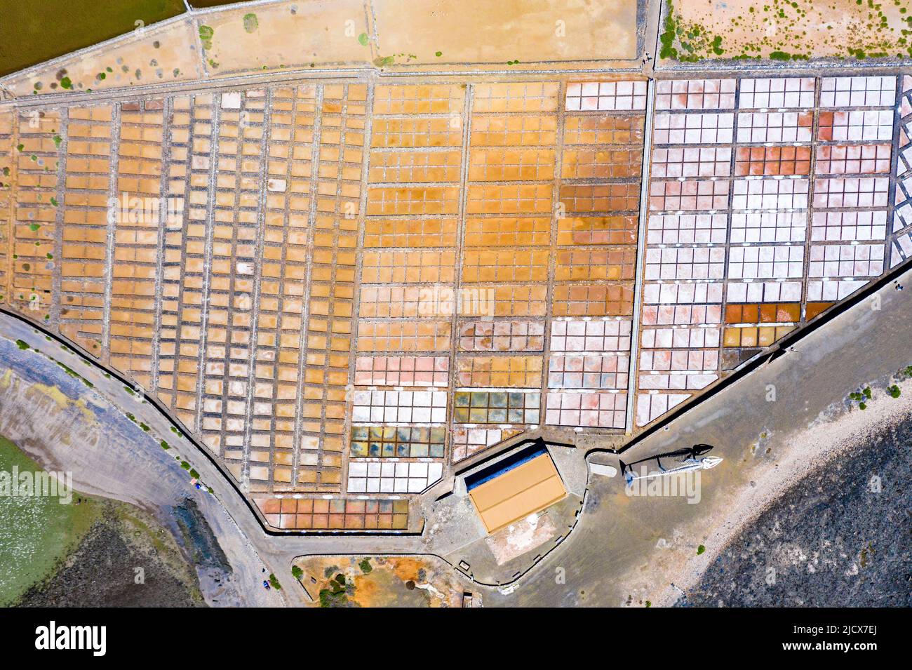 Verdunstungsteiche von Salinas Del Carmen Salzebenen von oben, Luftaufnahme, Fuerteventura, Kanarische Inseln, Spanien, Atlantik, Europa Stockfoto