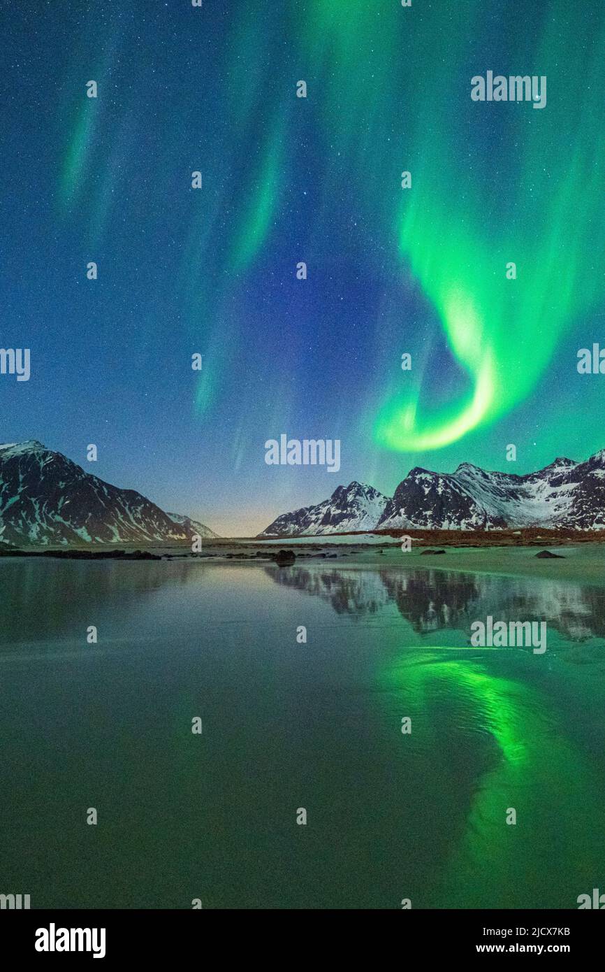 Grüne Lichter von Aurora Borealis (Nordlichter) spiegeln sich im kalten Meer, Skagsanden Beach, Flakstad, Lofoten Islands, Norwegen, Skandinavien, Europa Stockfoto