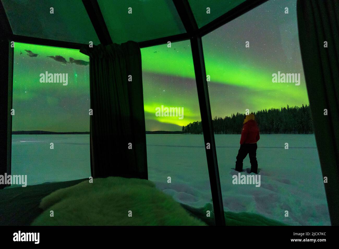 Person, die im Schnee steht und Aurora Borealis (Nordlichter) anschaut, Blick durch Glasfenster von Iglu, Jokkmokk, Lappland, Schweden, Skandinavien Stockfoto