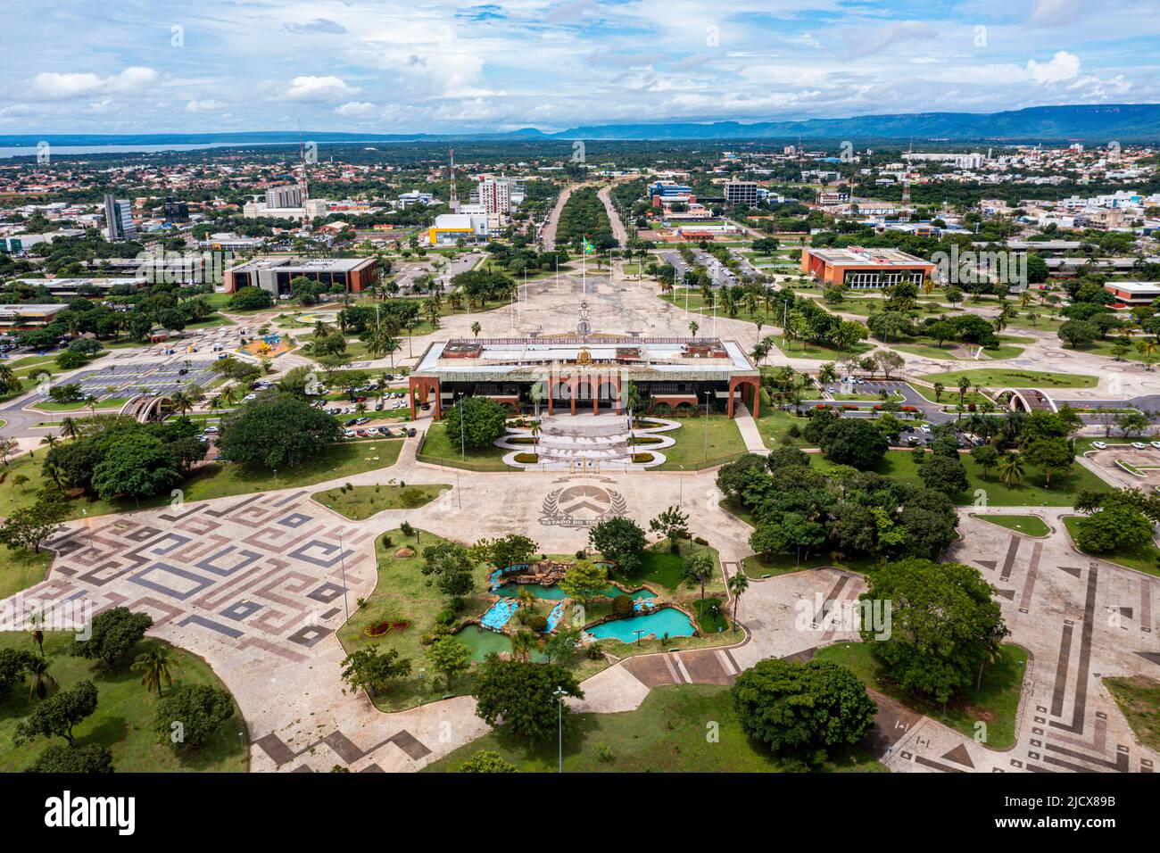 Luftaufnahme des Gouverneurspalasts Araguaia, Palmas, Tocantins, Brasilien, Südamerika Stockfoto