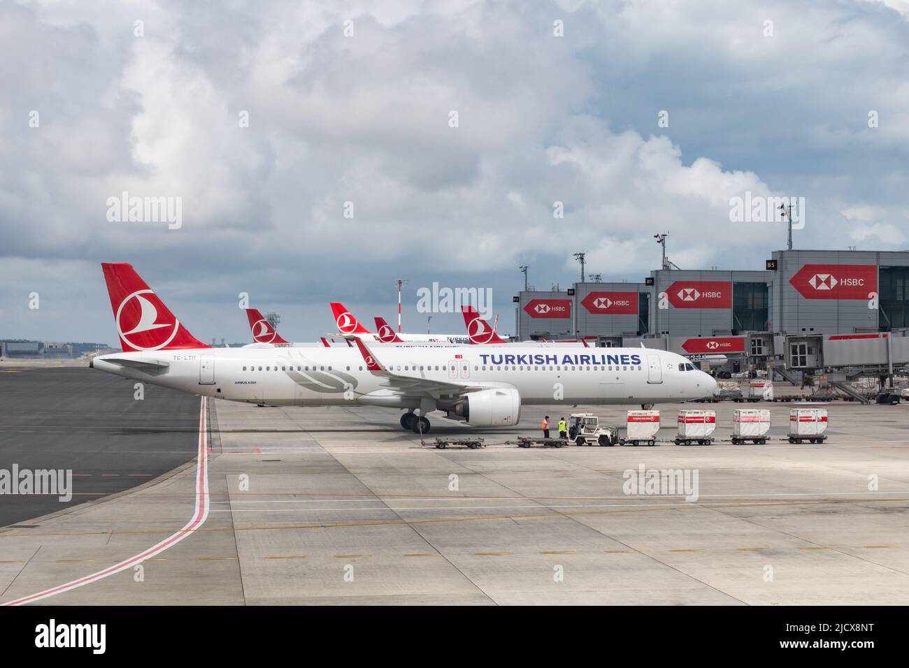 Logo von Turkish Airlines am Flughafen Istanbul, Türkei Stockfoto