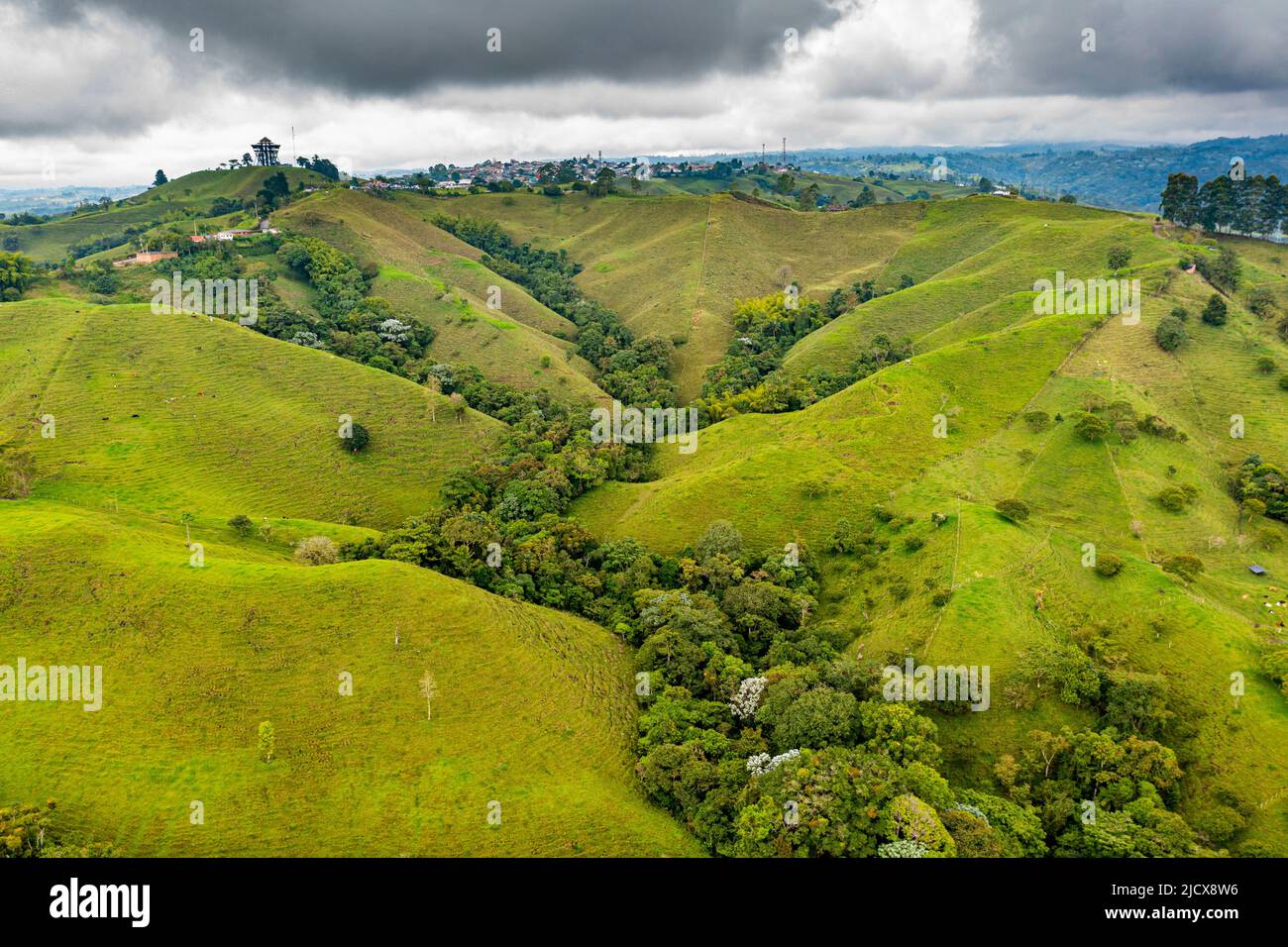 Luftaufnahme von Filandia, UNESCO-Weltkulturerbe, Kaffee-Kulturlandschaft, Quindio, Kolumbien, Südamerika Stockfoto