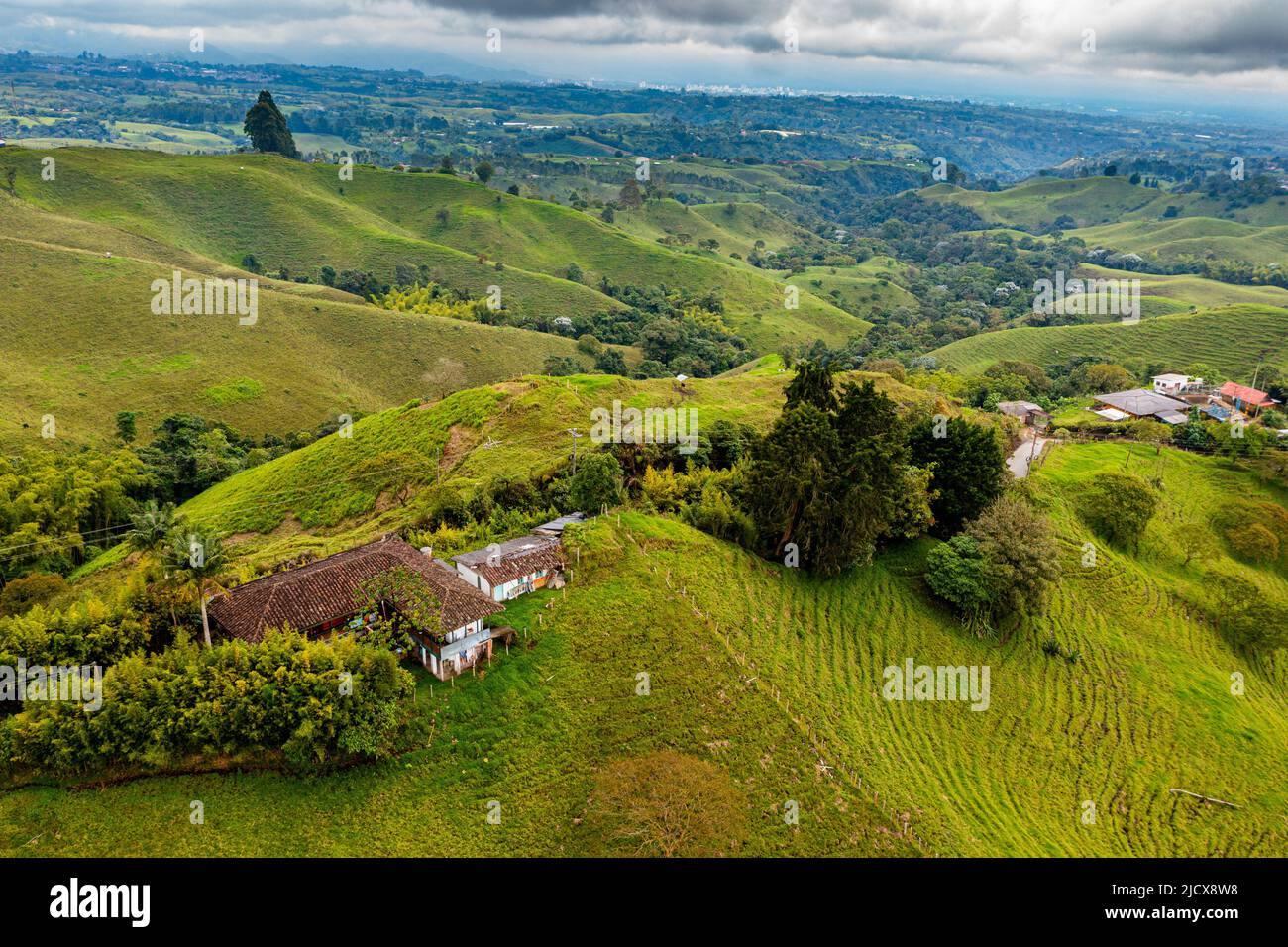 Luftaufnahme von Filandia, UNESCO-Weltkulturerbe, Kaffee-Kulturlandschaft, Quindio, Kolumbien, Südamerika Stockfoto