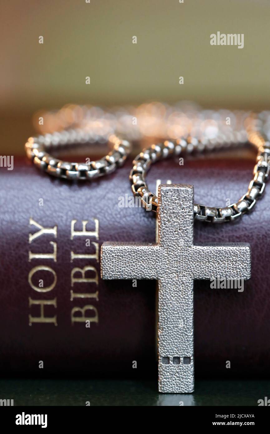 Bibel Buch mit einem christlichen Kreuz, Symbol des Christentums, Yonne, Frankreich, Europa Stockfoto