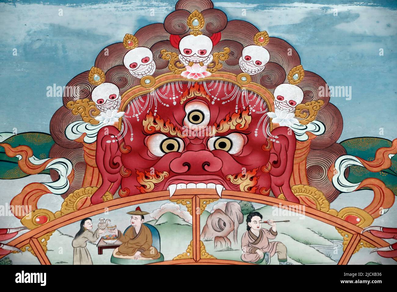 Das Rad des Lebens (das bhavacakra), eine symbolische Darstellung von Samsara, Yama, dem gott des Todes, Pema Osel Ling Kloster, Dakshinkali, Kathmandu Stockfoto