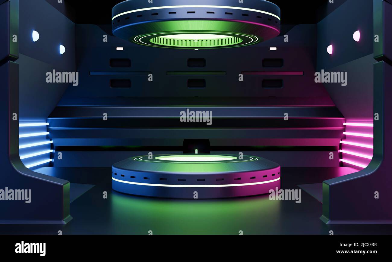 Cyberpunk Sci-Fi Produkt Podium Schaufenster im Raumschiff mit grün blau und rosa Neon Beleuchtung Hintergrund. Technologie- und Objektkonzept. 3D illustrative Darstellung Stockfoto