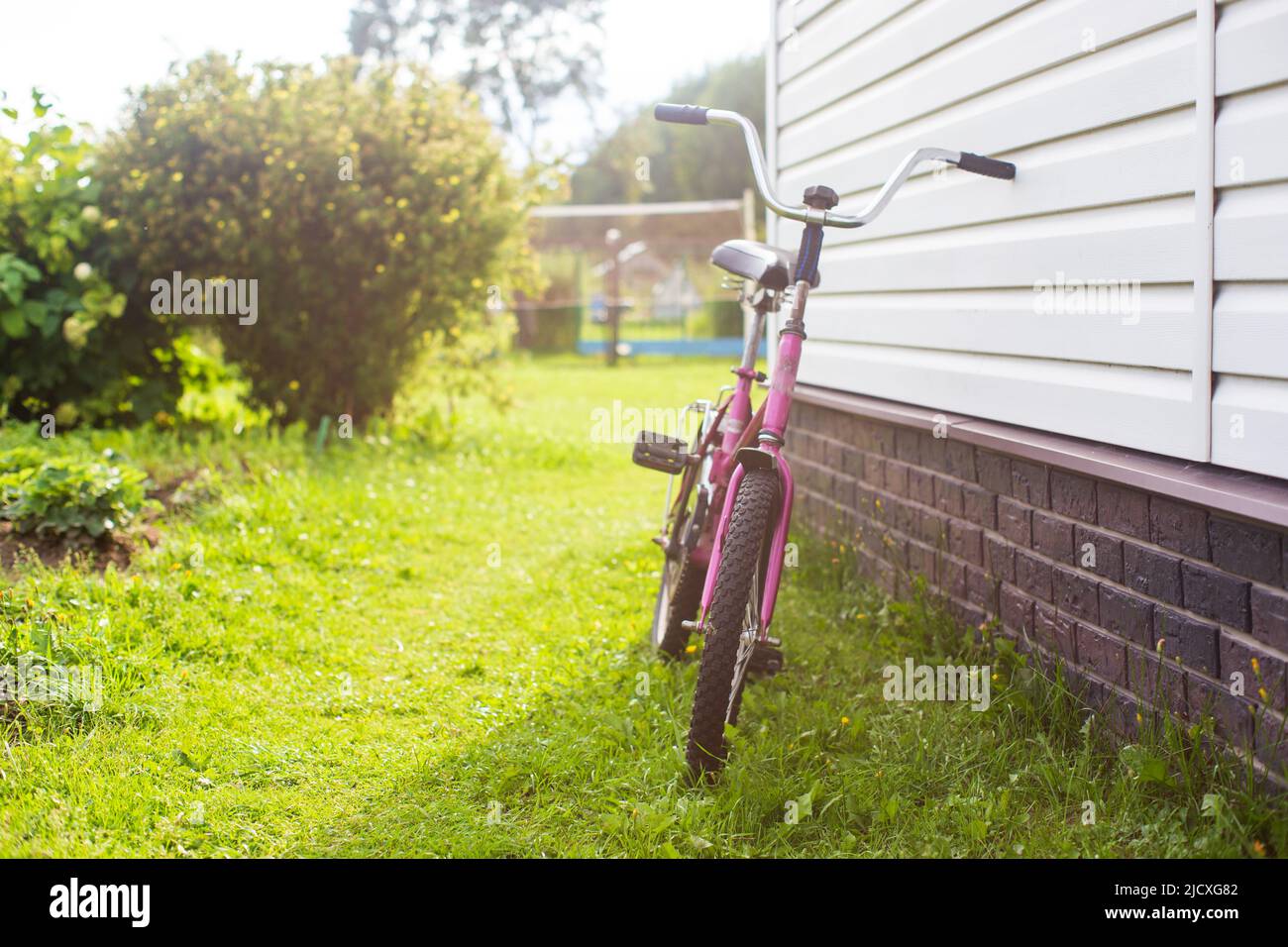Altes Vintage-Fahrrad in der Nähe der Hauswand. Blühender schöner Hinterhof. Stockfoto