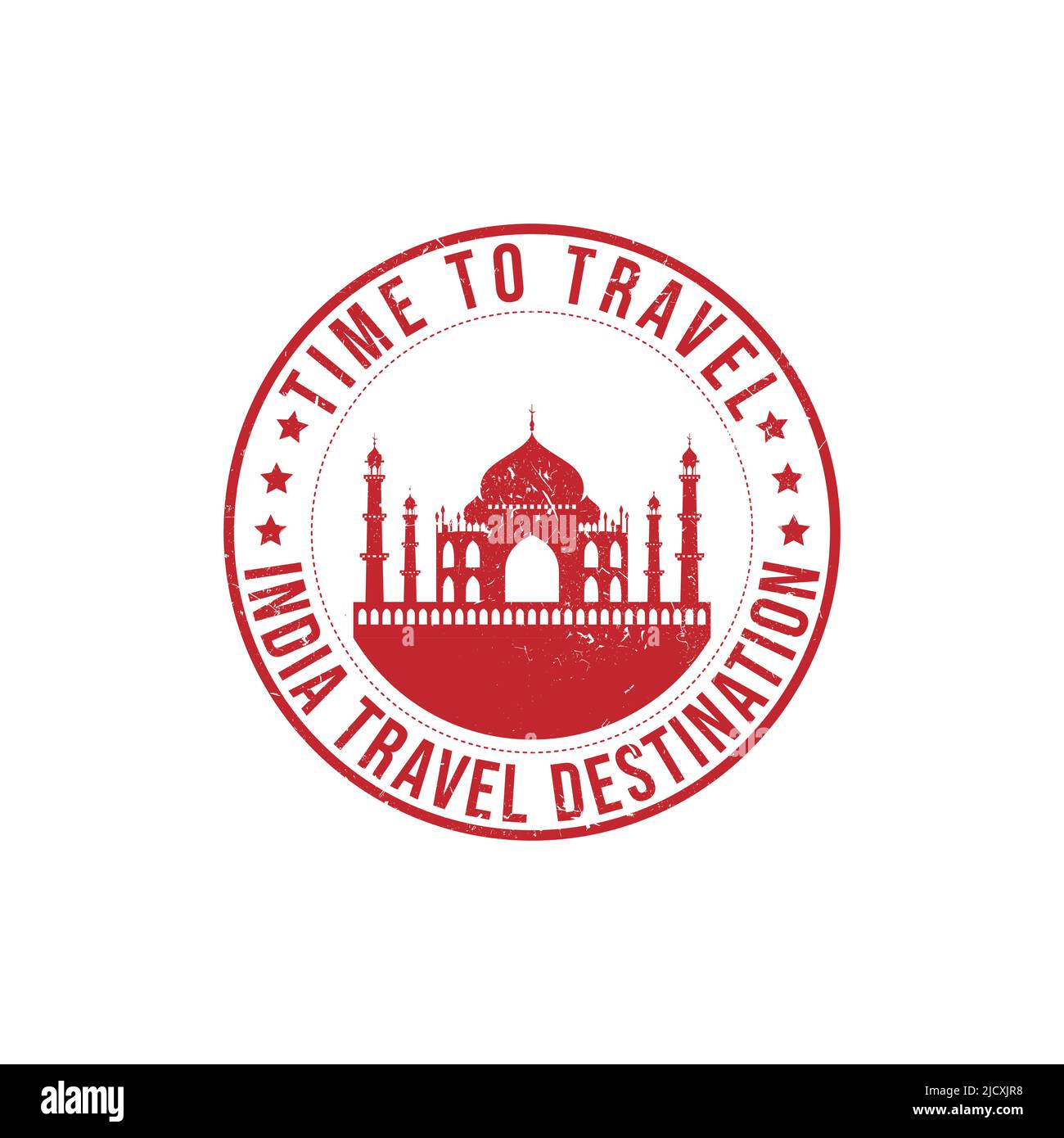 Grunge Gummistempel mit dem Text Indien Reiseziel in der Marke geschrieben. Zeit zum Reisen. Silhouette von Taj mahal Vektor-Bild Stock Vektor